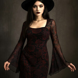 Y2K Gothic Rose Mesh Dress Bell Sleeve Sheer Overlay Grunge Fairy Goth Size 3X